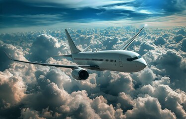 Fototapeta premium Airplane Soaring Gracefully Over the Clouds Under a Clear Blue Sky During Daylight Hours
