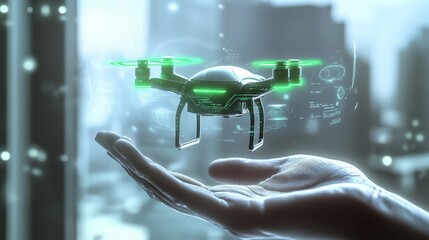 Businessman holding drone in augmented reality using futuristic software