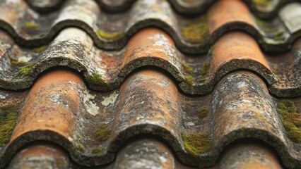 Close-Up of Weathered Terracotta Roof Tiles with Moss