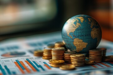 Global Economy Represented by Globe and Coins on Financial Charts in a Business Setting