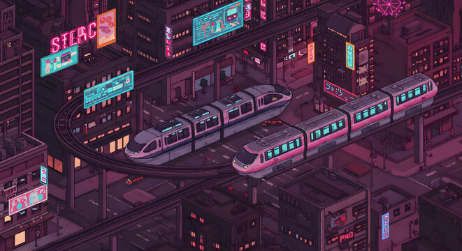 Vibrant pixel art rendition of a cybernetic metropolis with elevated monorails