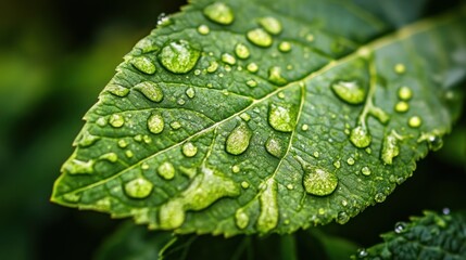 A green leaf covered in sparkling water drops, showcasing nature's beauty.