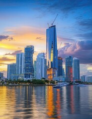 Obraz premium As the sun sets, the Miami skyline comes alive, its modern buildings silhouetted against the vibrant hues of the Florida sky and sea
