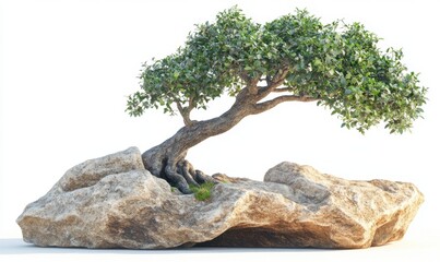 Bonsai tree on a rock, white background, ideal for zen or nature themes