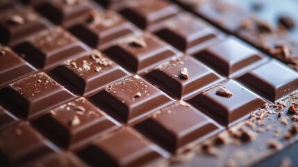 Close-up view of a dark chocolate bar with squares and chocolate shavings.