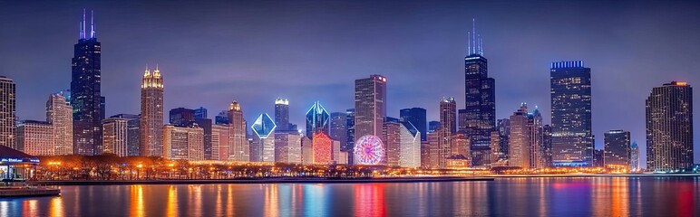 The Chicago cityscape at night, with towering contemporary buildings lit in colorful hues, their brilliance mirrored in the tranquil waters of the lake