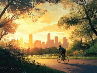 Obraz premium A person cycling down a road surrounded by trees, suitable for travel or outdoor theme related images