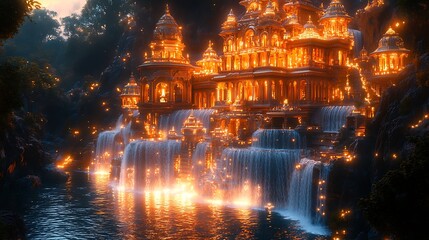 Dreamlike waterfall kingdom with illuminated towers high resolution picture
