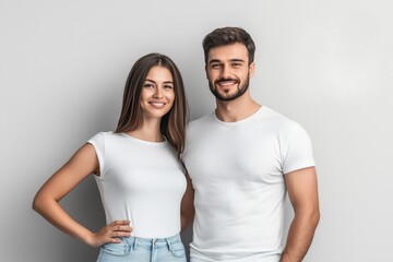 Obraz premium Smiling young couple in white t-shirts posing together in studio for lifestyle concept