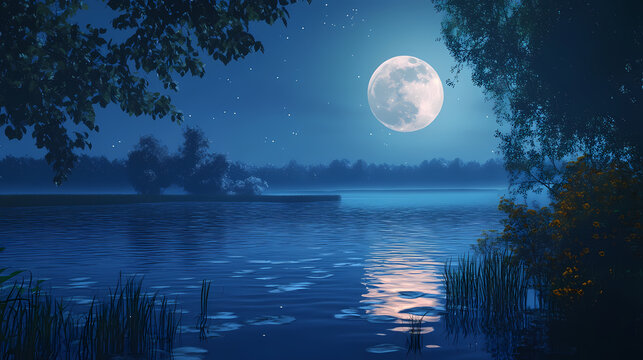 Calm picture highlights gentle shine of moon as it lights up quiet river forming a restful and mirroring ambiance. Faint Luster. Illustration
