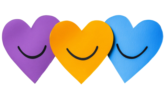 Colorful Heart Shapes with Smiling Faces Representing Friendship, Love, and Joy in Purple, Yellow, and Blue on a Clean Background