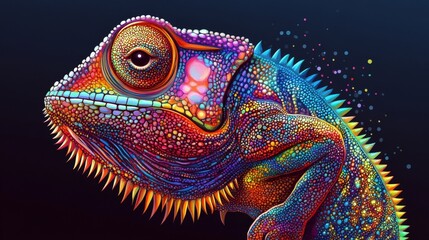 Naklejka premium Vibrant chameleon with rainbow scales on dark background.