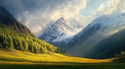 Obraz premium A serene landscape featuring a lush green field and a majestic mountain in the background, perfect for use in travel or nature-related projects