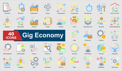 A set of Flat Gig Economy icons. Includes remote work, outsourcing, efficiency, time management, and more. Perfect for illustration and design.