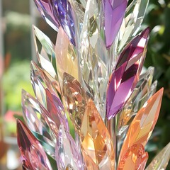 Vibrant Crystal Flower Sculpture, Colorful Gemstone Bouquet, Shiny Facets, Prismatic Light Reflection, Abstract Art