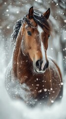 Obraz premium Horse stands majestically in a snowy forest, showcasing its beauty in winter wonderland