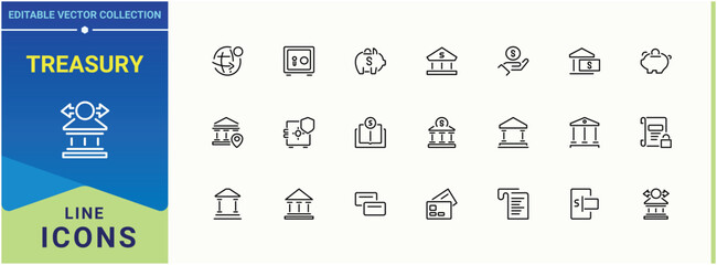 Treasury related icon. Contains related to currency, money, financial, investment, ing, pay. Bank icon set. Thin icons set. Editable stroke.