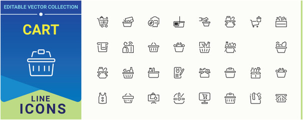 Cart icon set in linear style. Contains such icons as purchase, shopping, sell, supermarket, buy, retail and more. Basket icon. Minimalist icons collection. Editable vector. Pixel perfect.