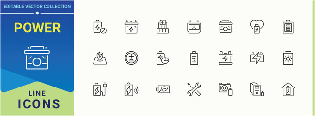 Power icon set. Related to electricity, energy, charger, charging, batterie and more. Battery icon set. Collection of simple line web icons. Vector artwork and illustration.