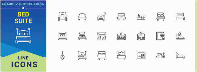 Set of Bed Suite line icon. Featuring home, furniture, room, living, decor, couch, house and more. Bed Room icon set. Outline icons in linear style. Editable stroke collections.
