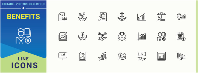 Benefits line icon set. It contains symbols to benefit, gift, reward, bonus and more. Thin web icons. Employee Benefit icon collection. Pixel perfect. Editable vector.