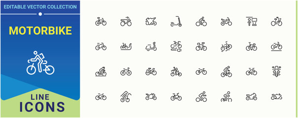 Motorbike related icon set. Pack of sport, vehicle, transport, motor, transportation, ride and more. Bike icon set in linear style. Modern icons collection. Editable stroke.