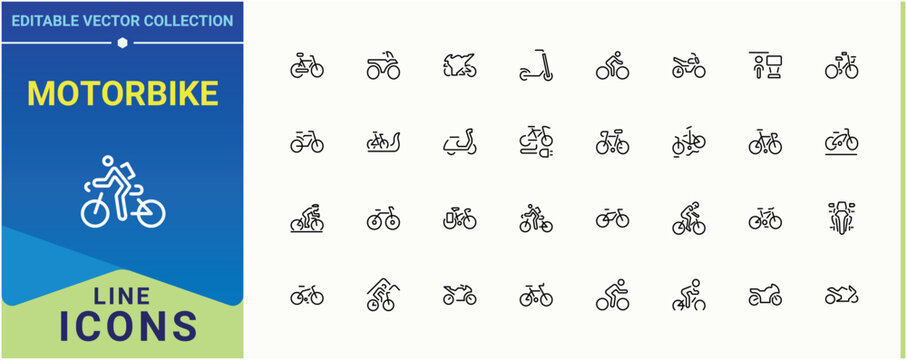 Motorbike related icon set. Pack of sport, vehicle, transport, motor, transportation, ride and more. Bike icon set in linear style. Modern icons collection. Editable stroke.
