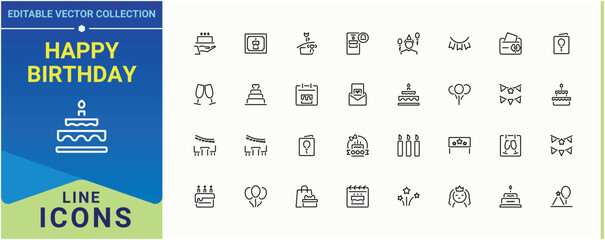 Happy Birthday simple icon set. Contains such symbols as surprise, party, celebrate, firework, gift, event, happy. Birthday icon collection. Thin icons set. Art and illustration.