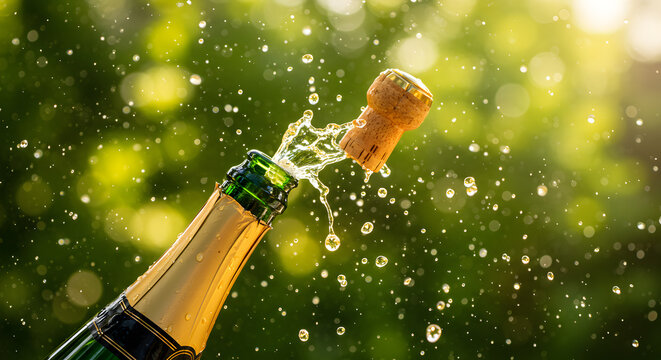 Celebrating Success: Champagne Bottle Explosion in Sunlit Garden Backdrop