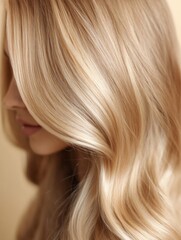 Naklejka premium Soft golden blonde hair with dimensional waves and summer light — editorial content for branding, social media, Instagram, websites, content marketing
