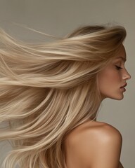 Naklejka premium Woman with windswept ash blonde hair layers in neutral studio setting — editorial content for branding, social media, Instagram, websites, content marketing