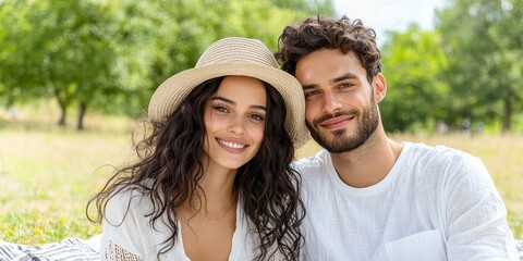 Naklejka premium Joyful couple enjoying a sunny picnic in nature outdoor lifestyle relaxed atmosphere candid shot happiness
