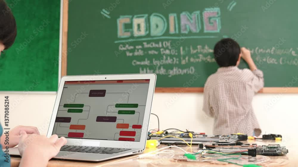 Poster girl writing engineering prompt by using ai software or programing system to generate ai on table wi