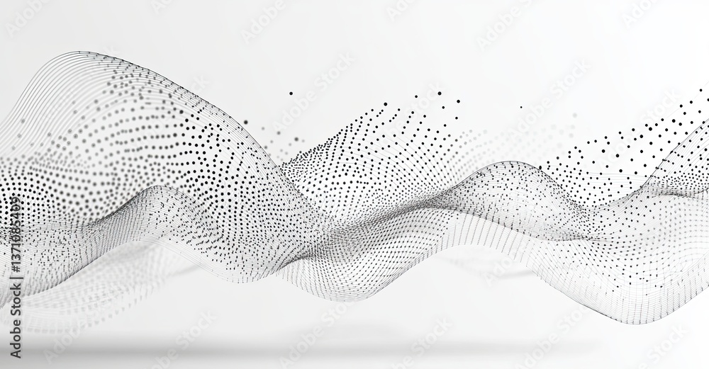 Poster dynamic 3d abstract design with a zen aesthetic, showcasing white and gray dots, lines, and a plexus