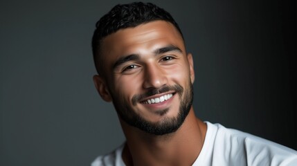 Fototapeta premium Smiling man with short curly hair and beard in a studio portrait