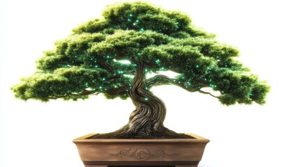 Glowing Bonsai Tree in Pot on White Background