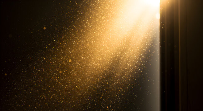 Golden shimmer: Light shafts illuminating a room filled with floating dust