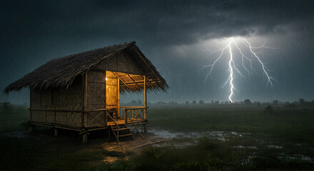 Dramatic lightning over rural hut, tropical storm battering small bamboo shelter