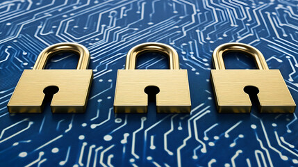 Three golden locks on a circuit board background representing cybersecurity measures and protection