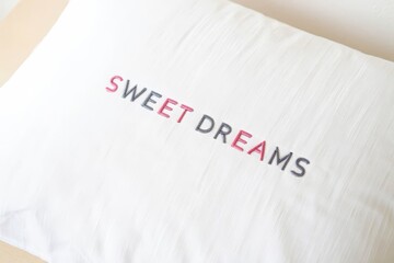 White pillow with embroidered 'Sweet Dreams' text in pastel colors.