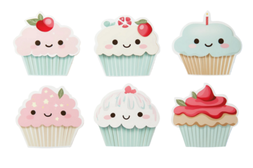 Cute and Whimsical Cupcake Illustrations Featuring Various Flavors and Cheerful Faces for Fun and Playful Designs