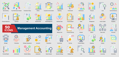 A collection set of flat style Management Accounting icons. Includes budgeting, financial report, cash flow, expenses, audit, and more. Perfect for illustration and design.