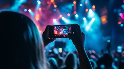 Spectator filming live performance with mobile phone at music festival