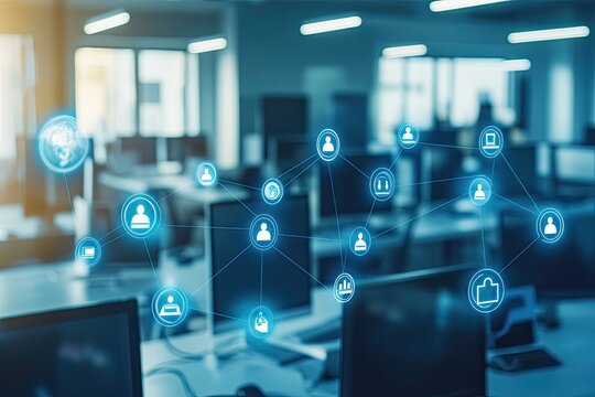 A double exposure image featuring a hologram of a social network and a world map against a blurred modern office backdrop