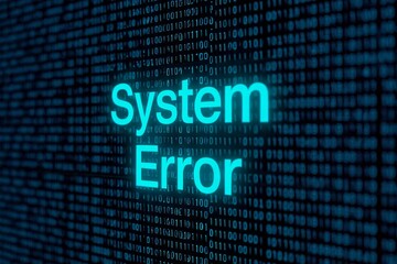 Glowing 'System Error' text with digital data background representing technology problem or computer crash in dark futuristic setting.