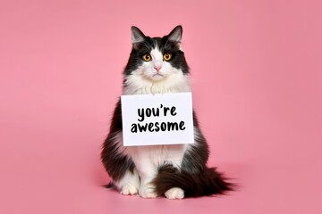 Compliment, congratulations and praise message. Cat holding banner with text  you are awesome . Pink background.