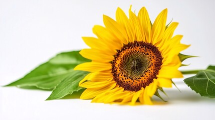 Obraz premium Bright sunflower with vibrant petals and green leaves against plain background