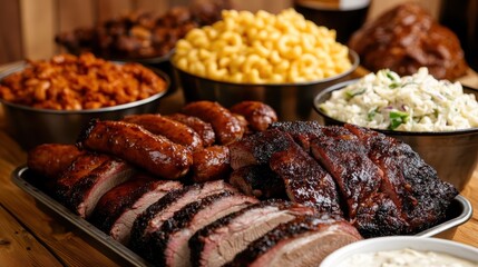 An inviting barbecue display featuring grilled sausages, brisket, and sides, all arranged on rustic wooden surfaces, promising a heartwarming culinary experience.