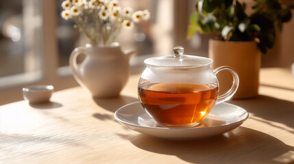 Fototapeta premium morning cup of hot tea with chamomile flowers on wooden table