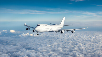 Obraz premium White Airplane Flying Above Fluffy Clouds At High Altitude